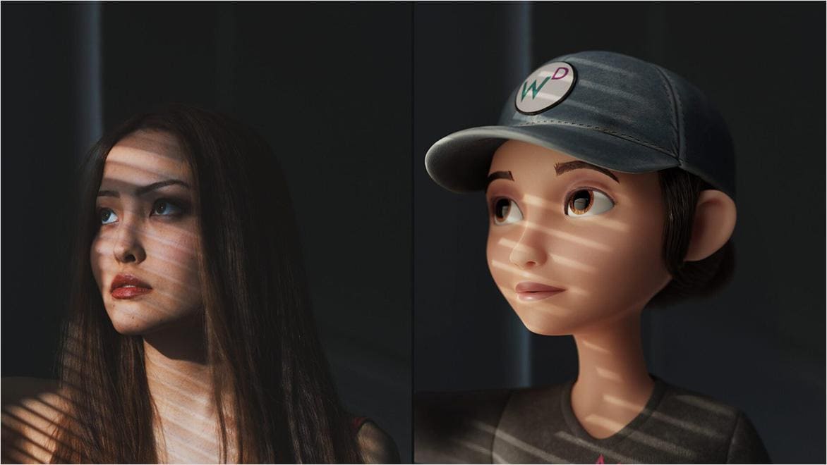 Human vs 3D animated character in dramatic light.