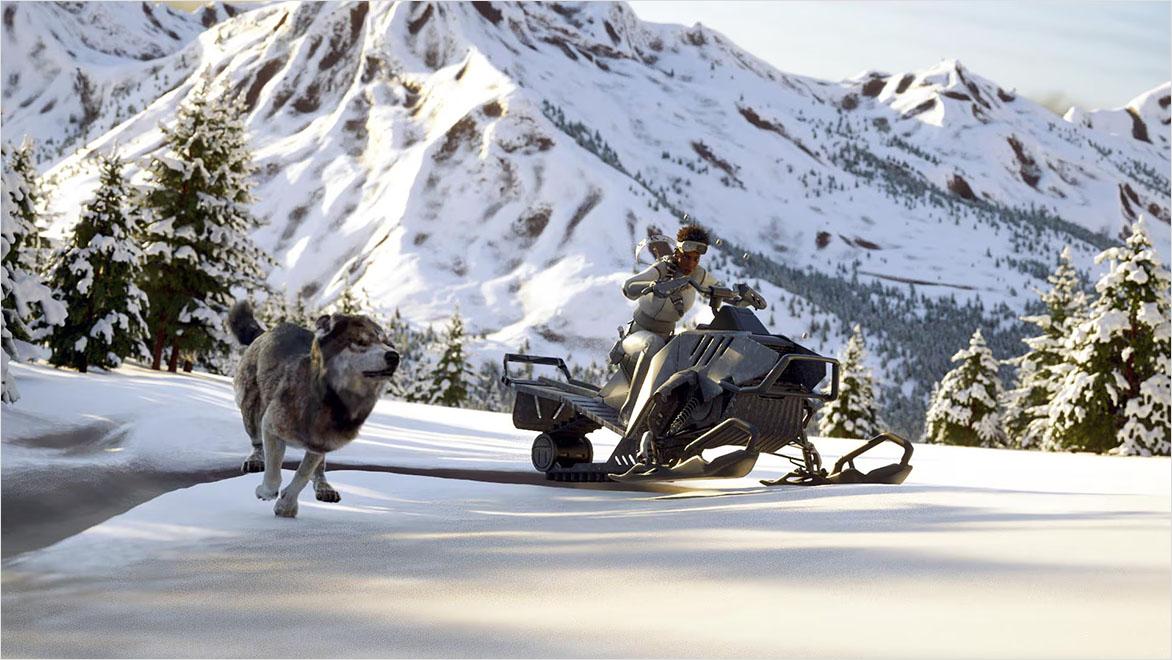 Wolf and woman on snowmobile racing away from snowy mountain