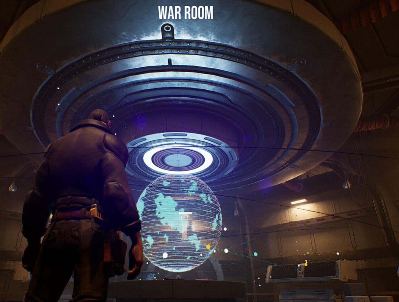 Futuristic war room with holographic globe
