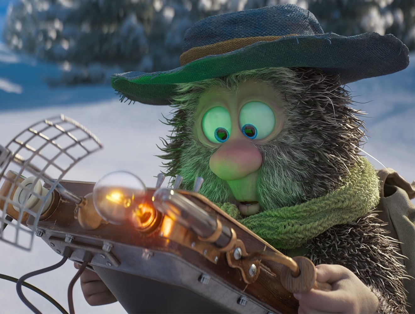 A still of Solan character looking at tracking gadget. From The Nordic Christmas Hour TV special, made by Qvisten Animation