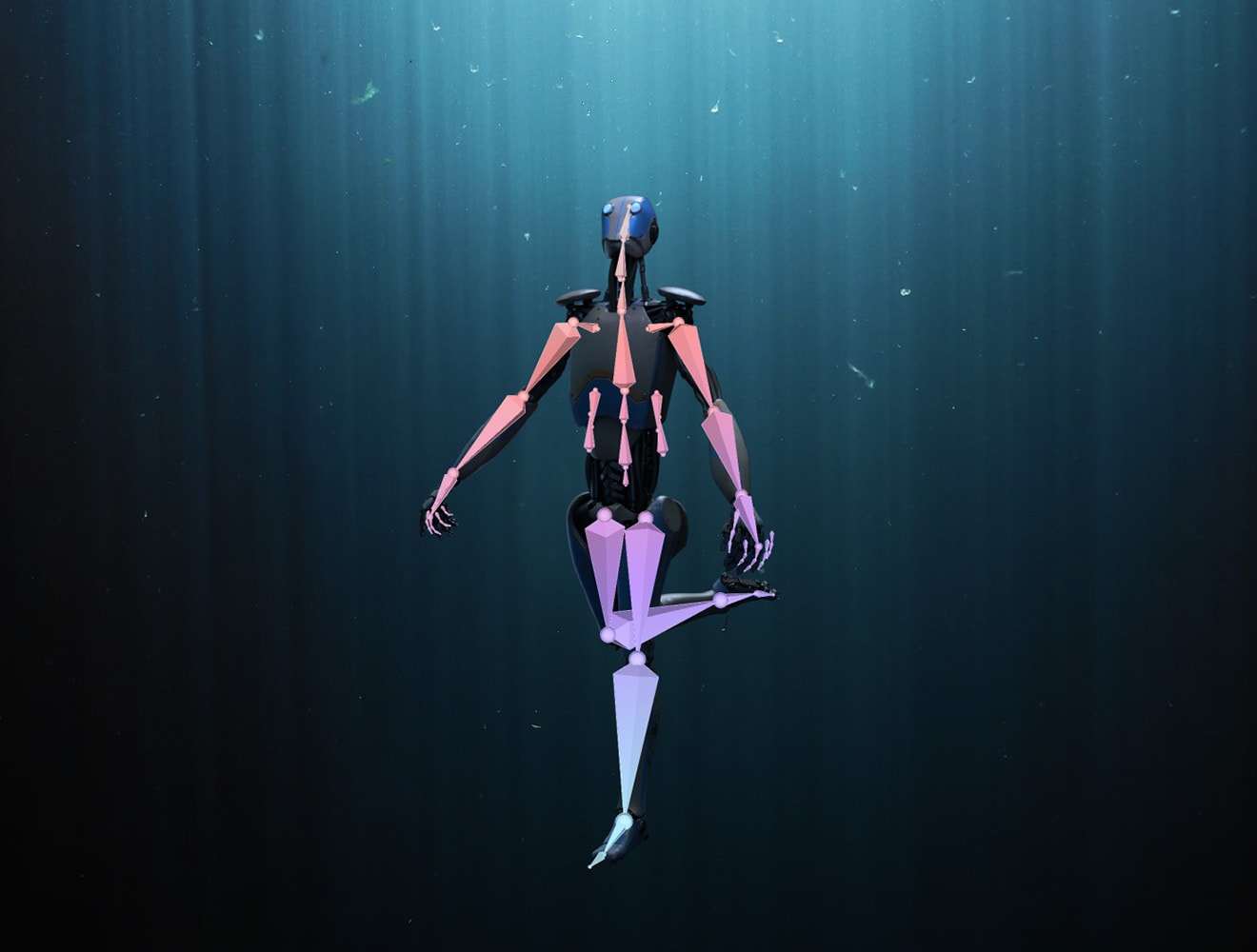 Humanoid robot or a stylized mechanical figure submerged underwater.