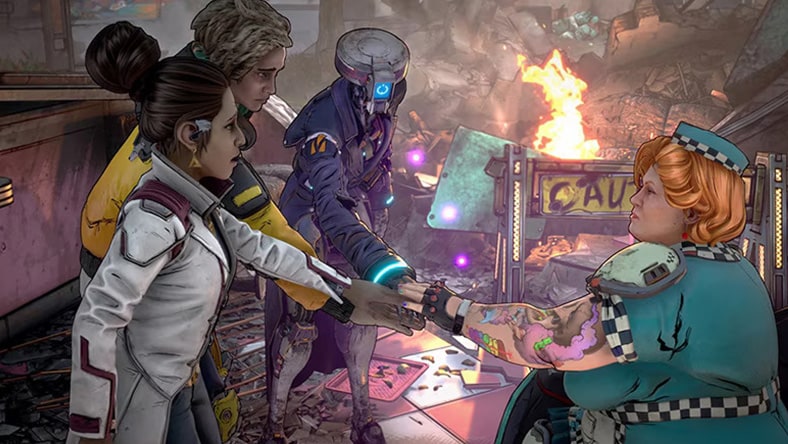 Game characters touch arms in an apocalyptic landscape