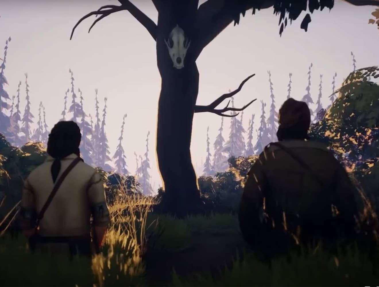 Forest scene with characters and tree skull