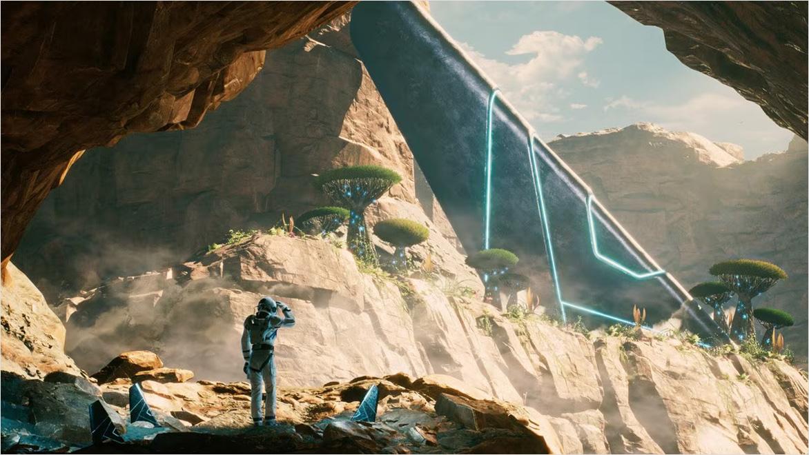 An astronaut in a white suit views a civilization from a crash site