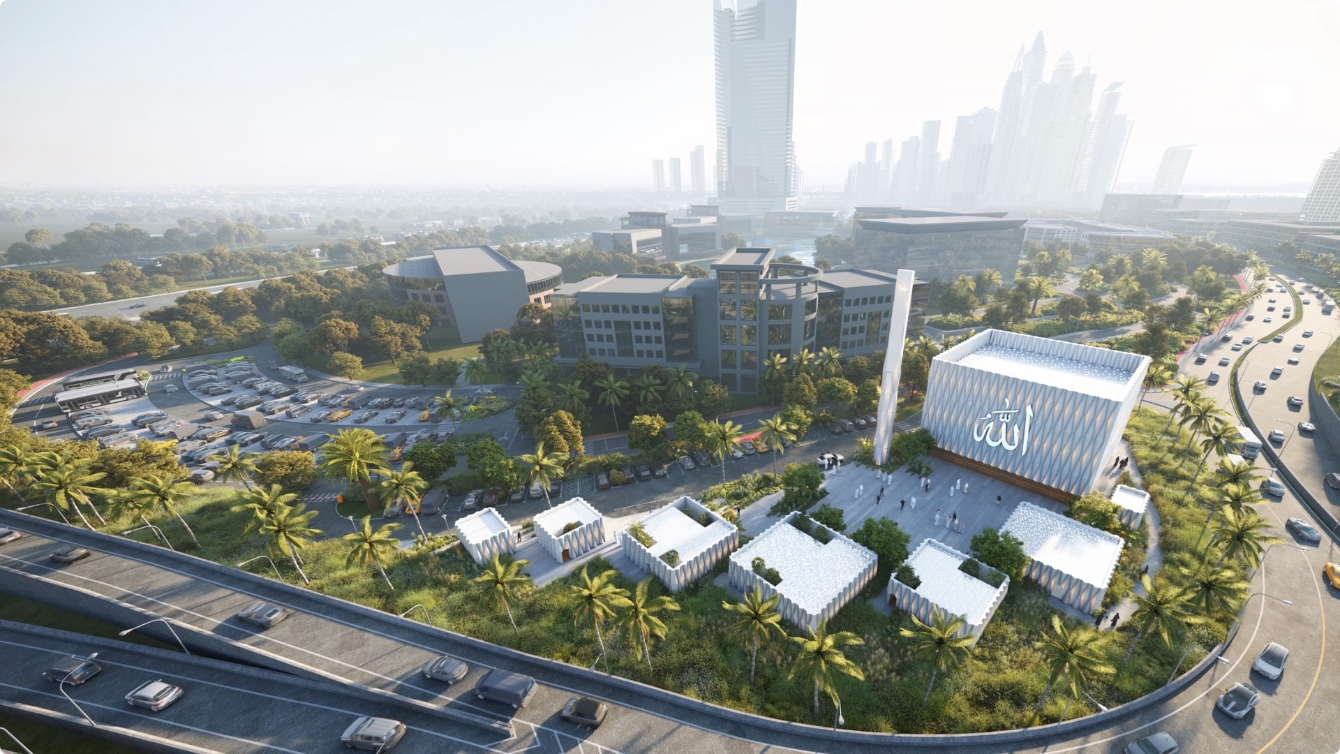 Modern mosque with surrounding smaller buildings next to a curved roadway in Dubai with the cityscape in the background