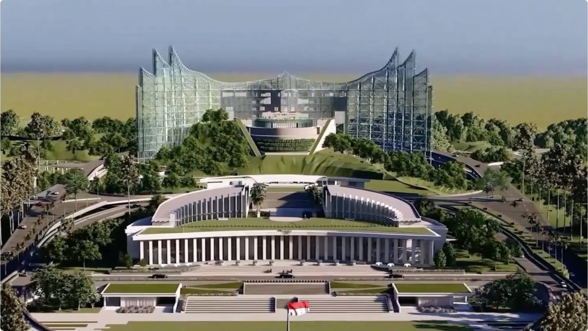 Expansive aerial view of the new Presidential Palace in Nusantara, Indonesia