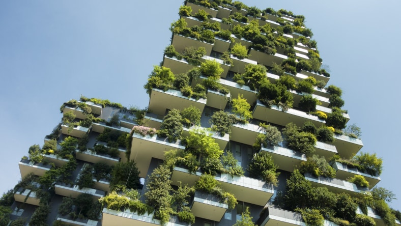 Green building with trees