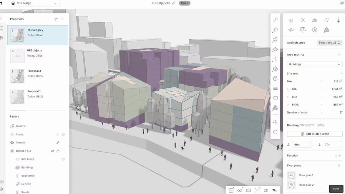 A screen from Autodesk Forma shows massed models for proposed buildings