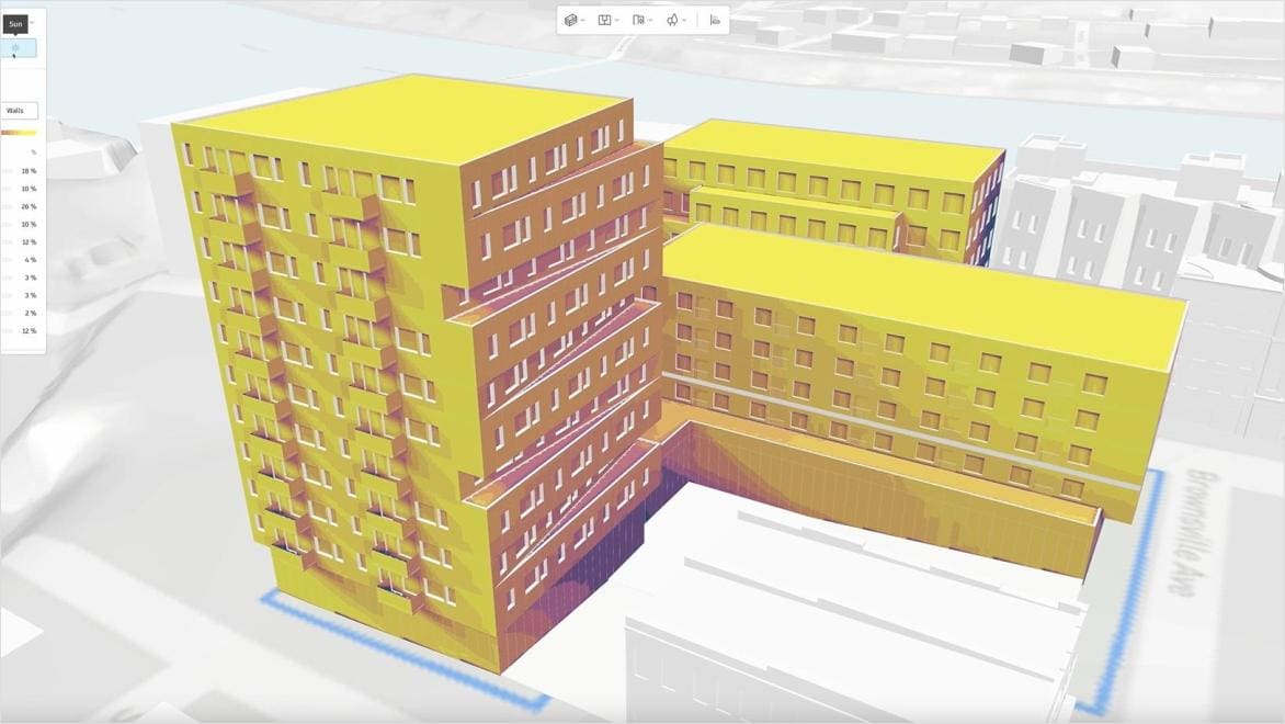 3D model in Forma showing a multi‑story building complex.