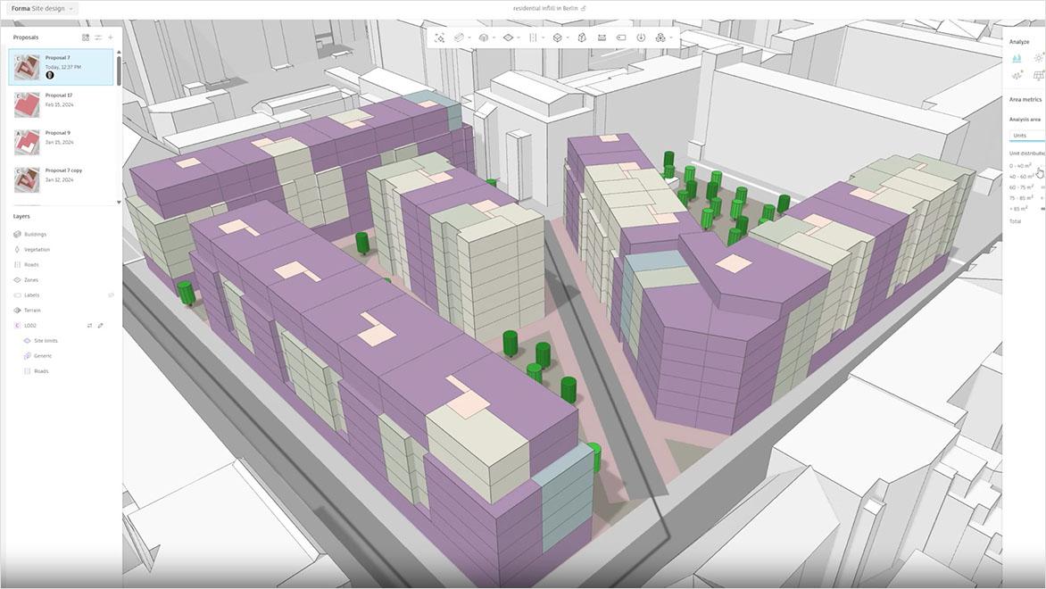 A 3D site model of multi‑building blocks with walkways and trees.