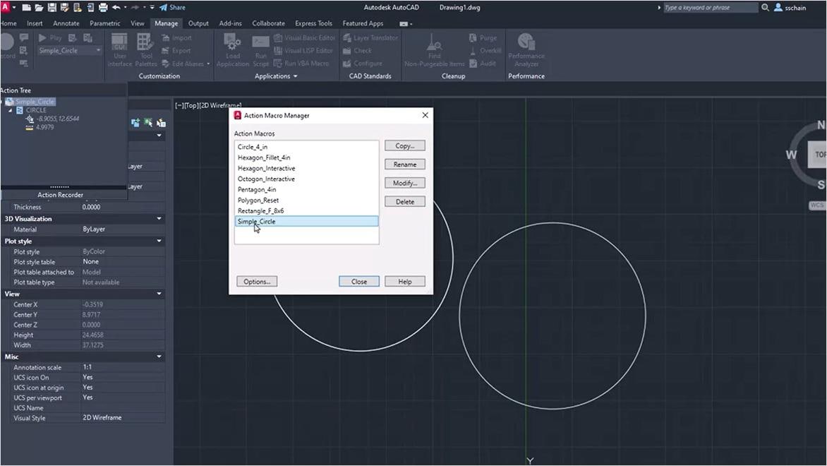 AutoCAD action macro manager interface.