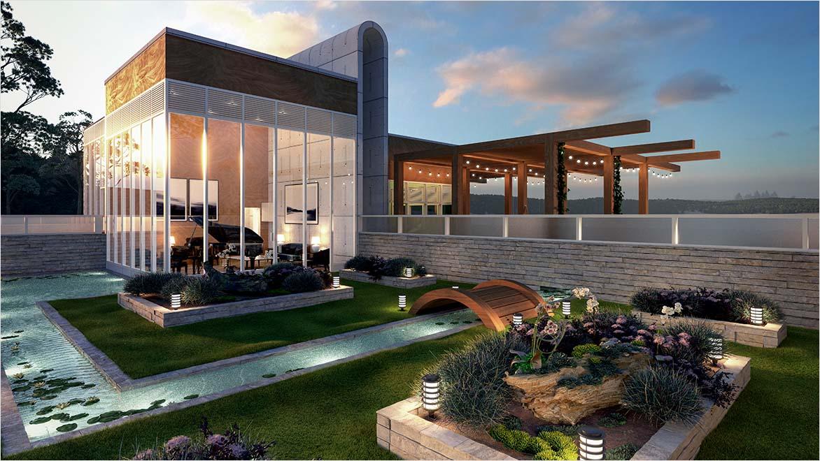 Modern residential structure exterior rendering created in Revit LT