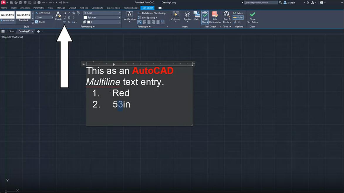 AutoCAD multiline text editor with formatting options.