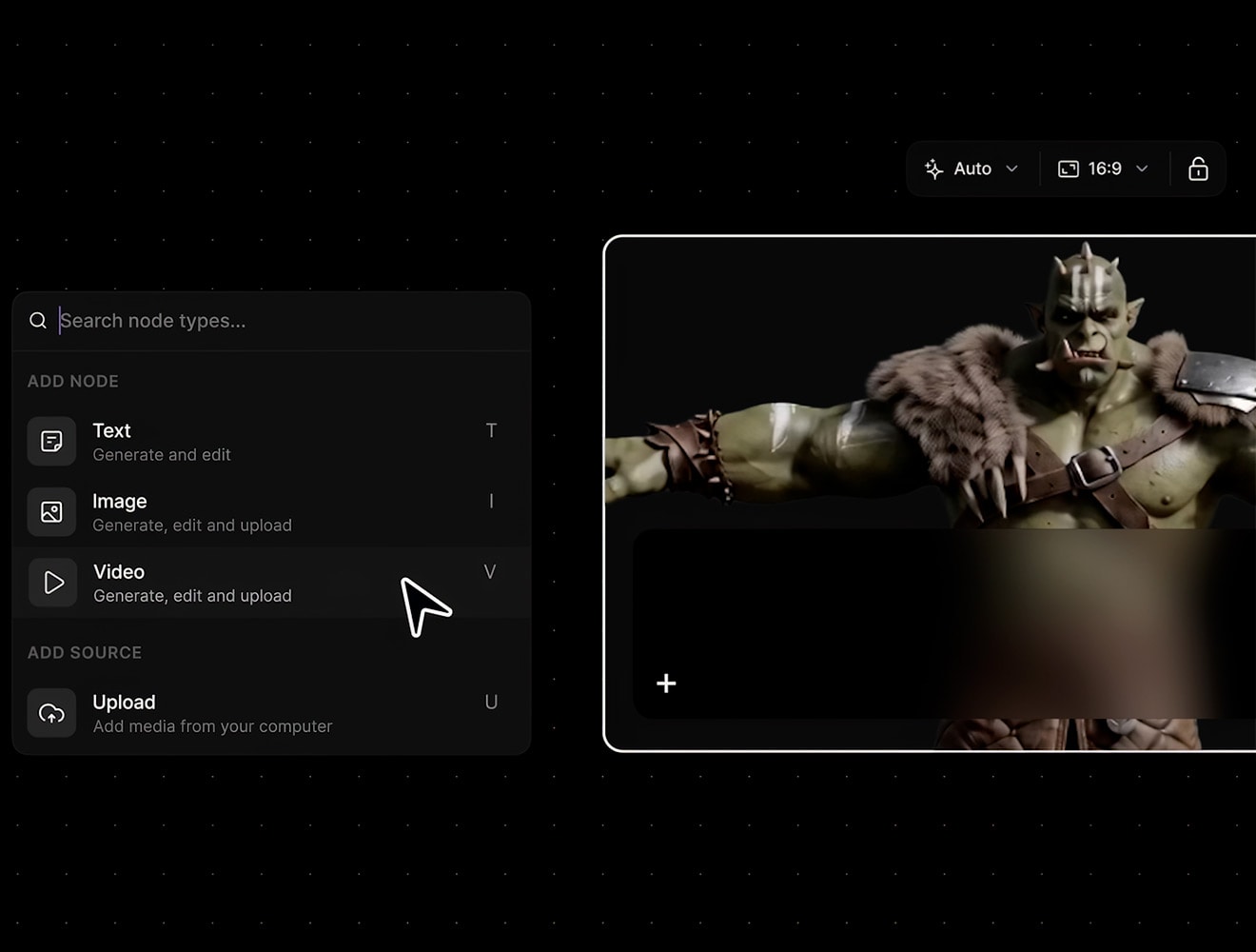Green orc character created with AI character creation workflows in Flow Studio