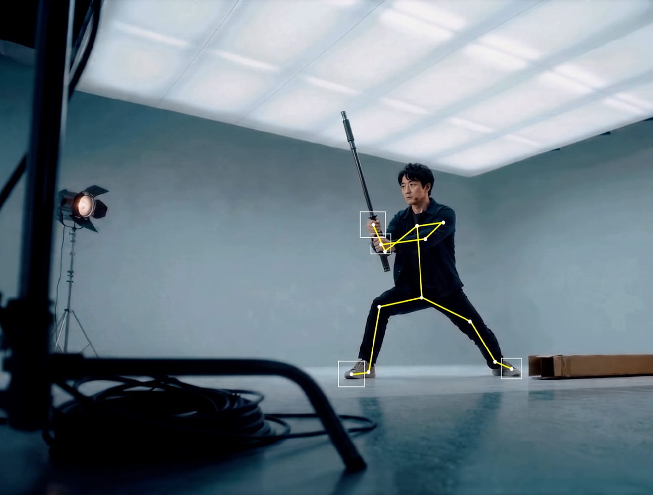 Male actor filming a scene for markerless AI motion capture