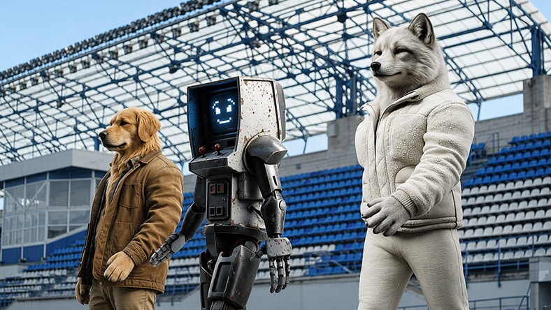 AI-generated character scene with virtual fox and wolf