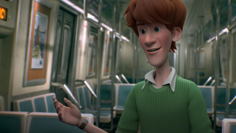 AI male character on a subway train