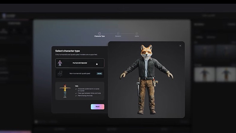 AI-generated 3D character mesh of fox