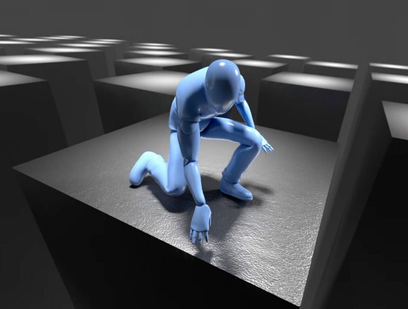 3D animated character performing action animation in a stylized environment.