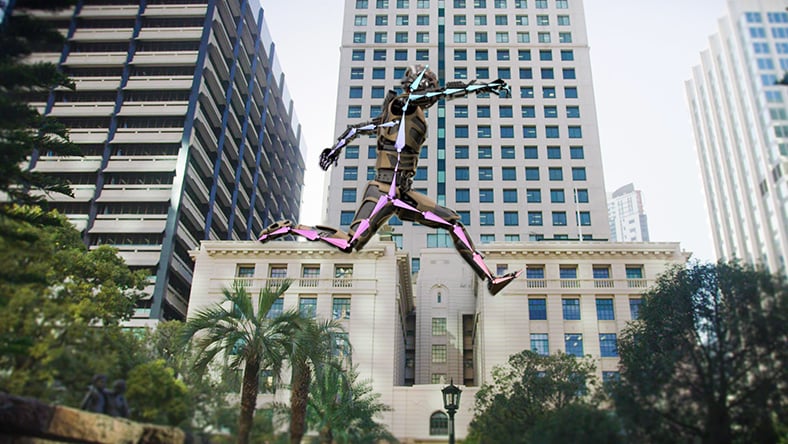 Humanoid robot leaping across cityscape.