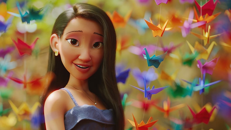 3D animated girl smiling warmly against a backdrop of origami cranes