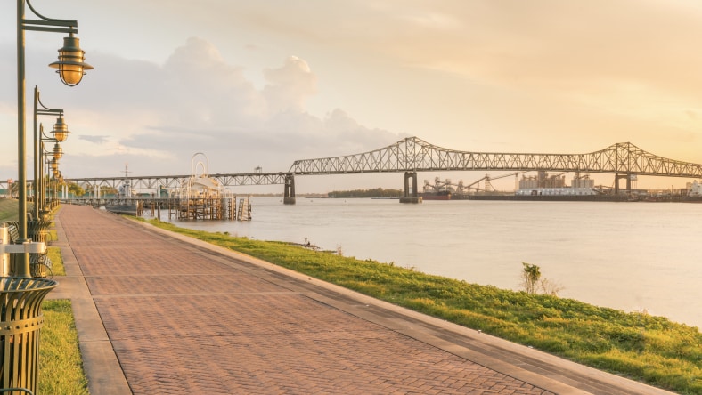 A sidewalk view facing the Horace Wilkinson Bridge.