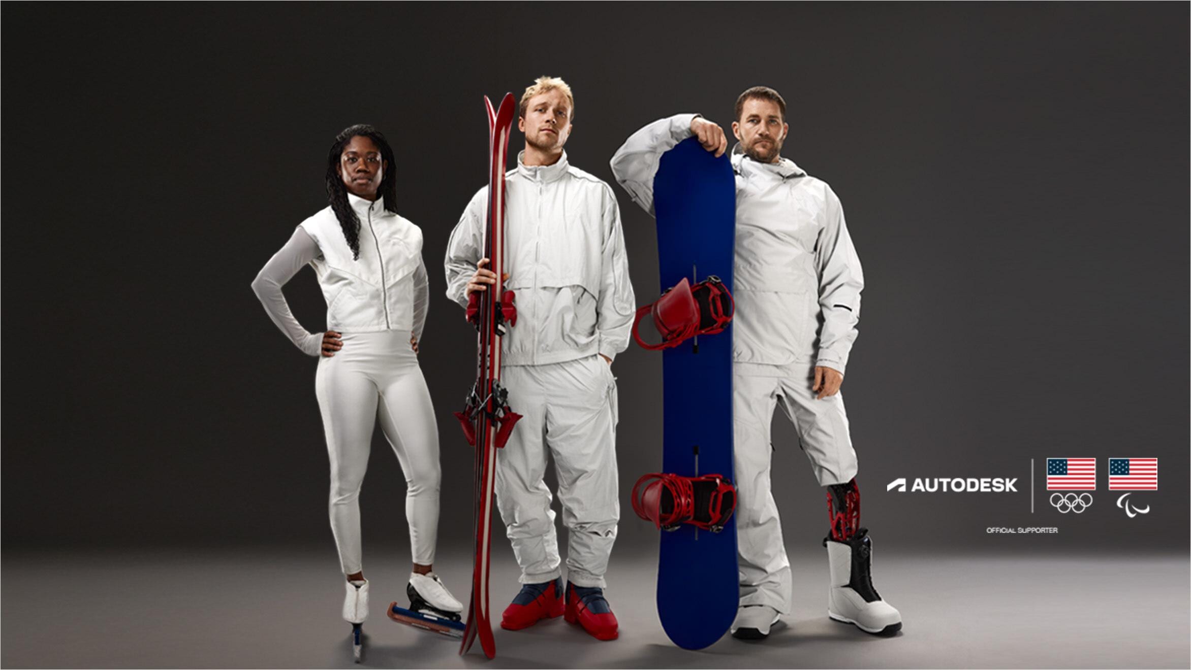Three Team USA athletes: a speed skater, a skier, and a para snowboarder posed together for a portrait photo with sports gear