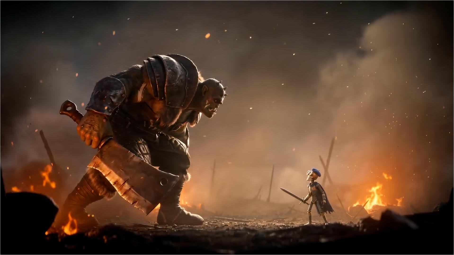 a small robot fighting an ogre 