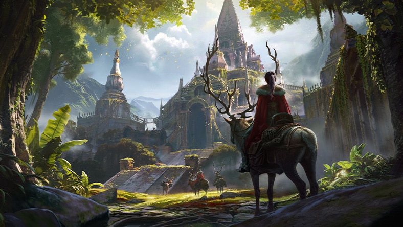 woman on an animal approaching a castle