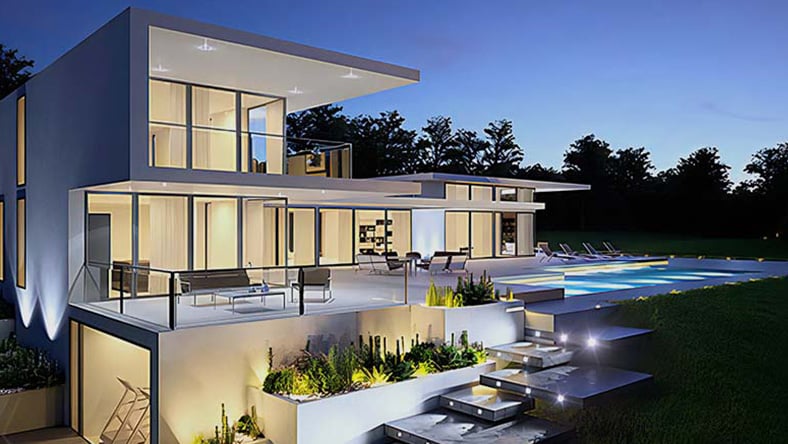 3D architectural visualization of modern residential design.