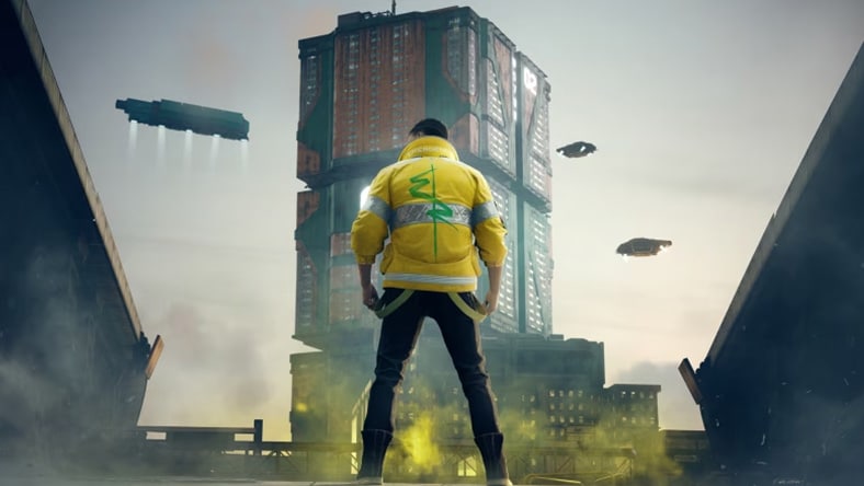 3D game character in futuristic cityscape.