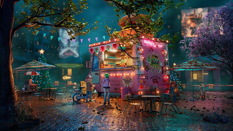 3D environment design with food truck and night lighting.