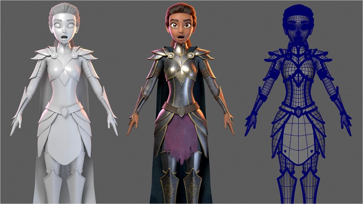 3D character modeling stages with mesh and wireframe.