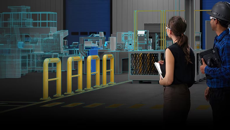 Two engineers, one wearing a hard hat, observing a digital 3D model of industrial machinery projected in front of them.
