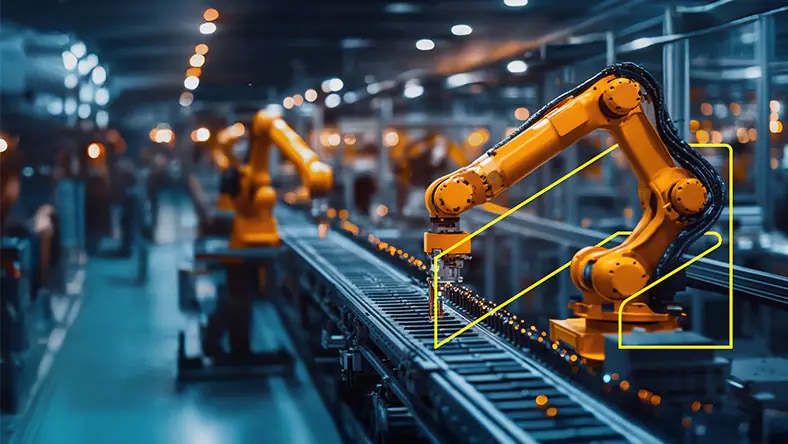 Inside a factory, we see robotic arms working at conveyor.