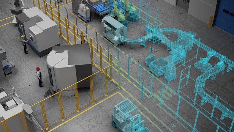 We see a screenshot from a Autodesk application, showing a factory floor receiving new machinery.