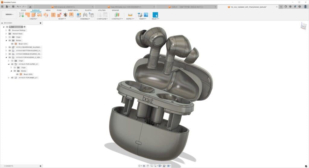 3D model of wireless earbuds and charging case designed in Autodesk Fusion.