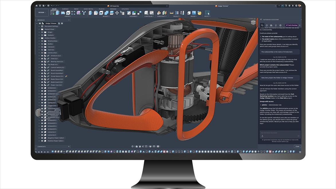 Computer monitor displaying Autodesk Fusion software with a 3D mechanical design model.