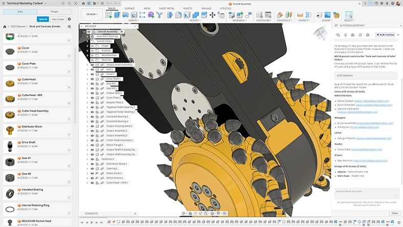 Fusion workspace displaying a complex mechanical assembly with design components and collaboration tools.