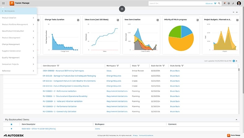 Fusion Manage dashboard showing product lifecycle data, charts, project records, and workflow information.