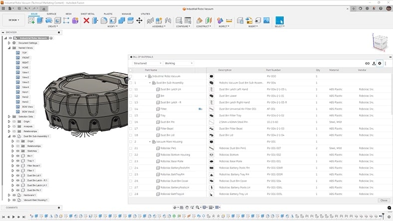 Fusion interface showing a SOLIDWORKS design alongside its product data and file structure.