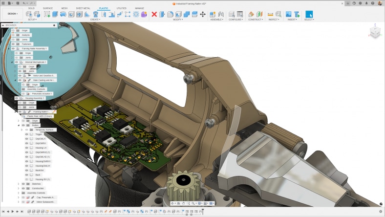 Fusion model showing an integrated mechanical assembly with electronic components and PCB design.