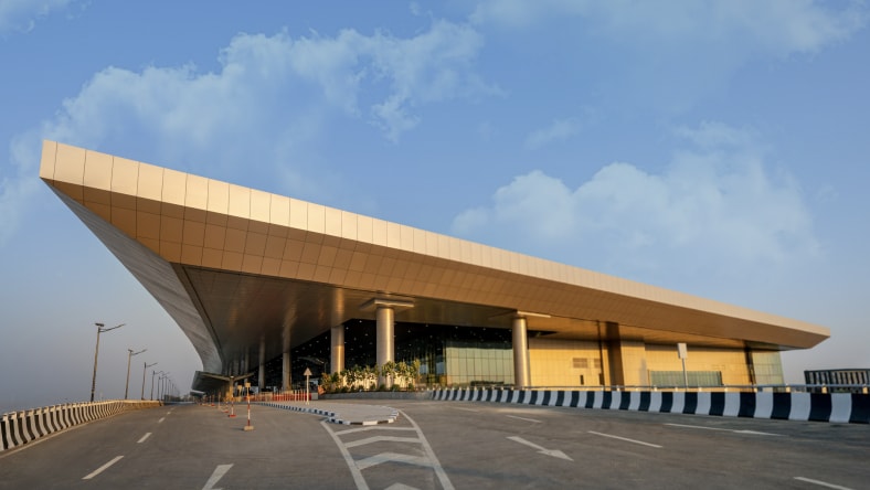 Digital model view of airport infrastructure.