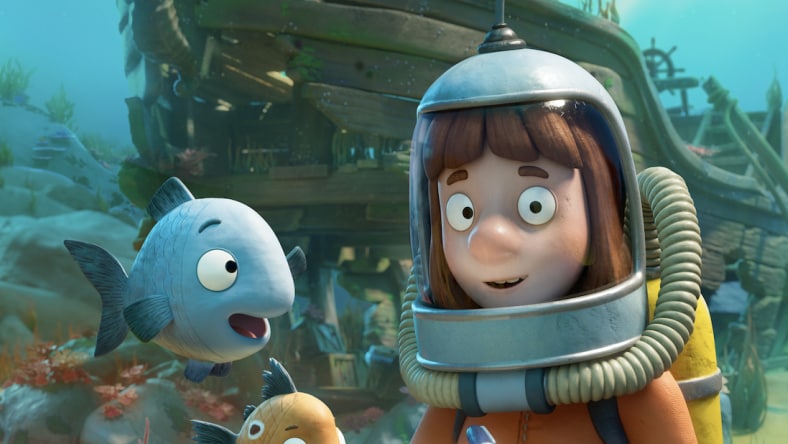 Animation of girl in scuba helmet with fish.