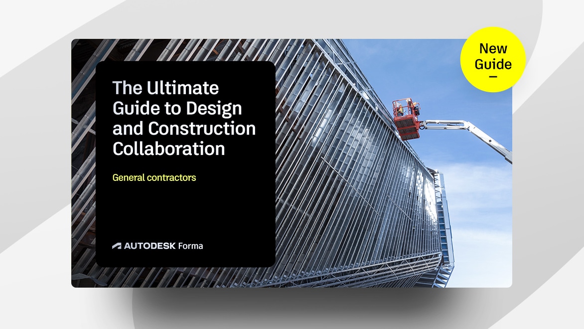 Construction worker in a lift working on the exterior of a tall building with a guide titled 'The Ultimate Guide to Design and Construction Collaboration' overlayed