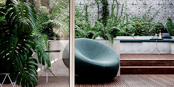 Rendu&nbsp;3D d'une chaise dans un patio avec des plantes