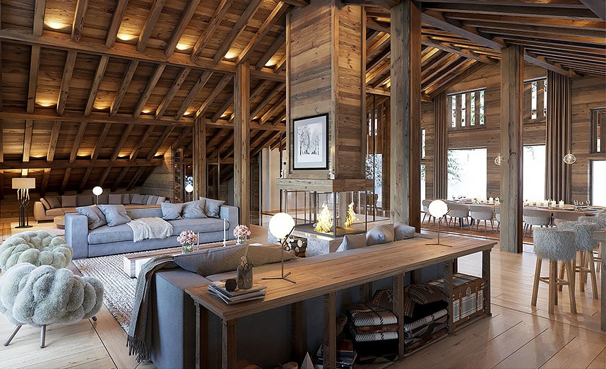 彩現所設計之用木材裝飾的客廳