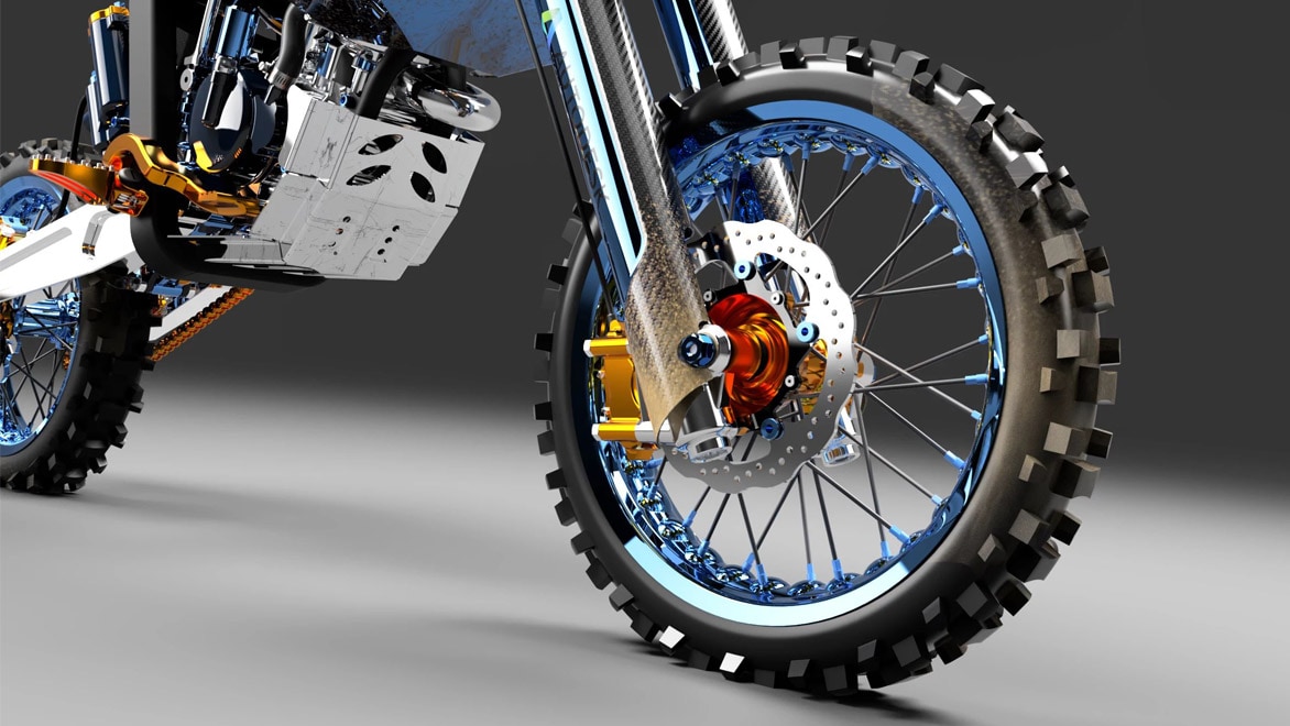 Fusion 360 で作成されたオフロード バイクのレンダリング