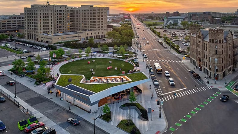 Detroit’s Beacon Park, featuring Lumen, from above.