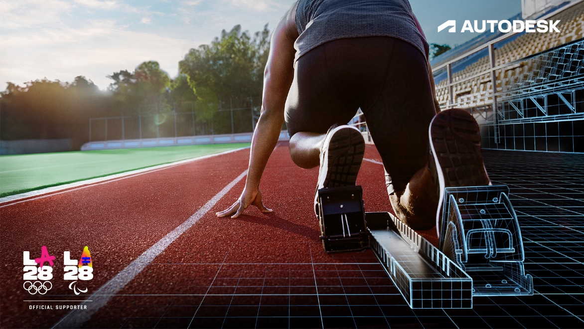 An athlete in a crouch start position using 3D modelled starting blocks.